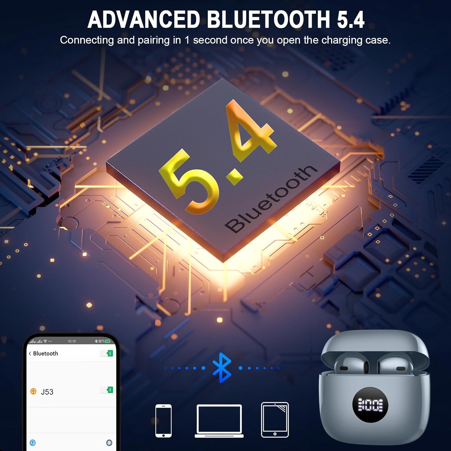J53 Bluetooth 5.4 Wireless Earbuds with LED Display