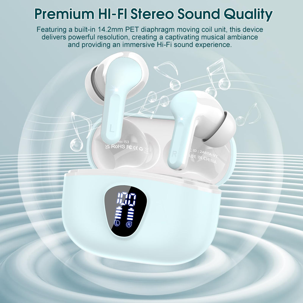 I53 Bluetooth 5.4 Wireless Earbuds with HiFi Stereo, ENC Mic & LED Display for Workout