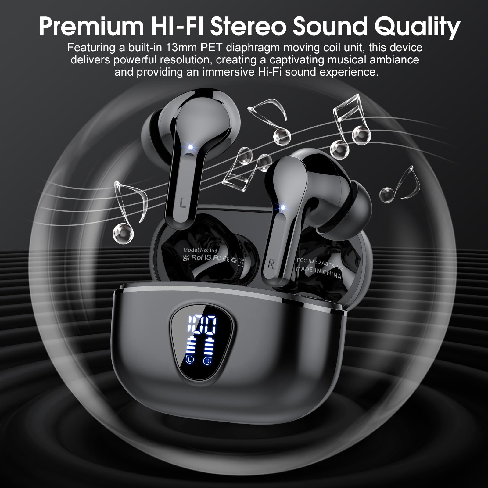 I53 Bluetooth 5.4 Wireless Earbuds with HiFi Stereo, ENC Mic & LED Display for Workout