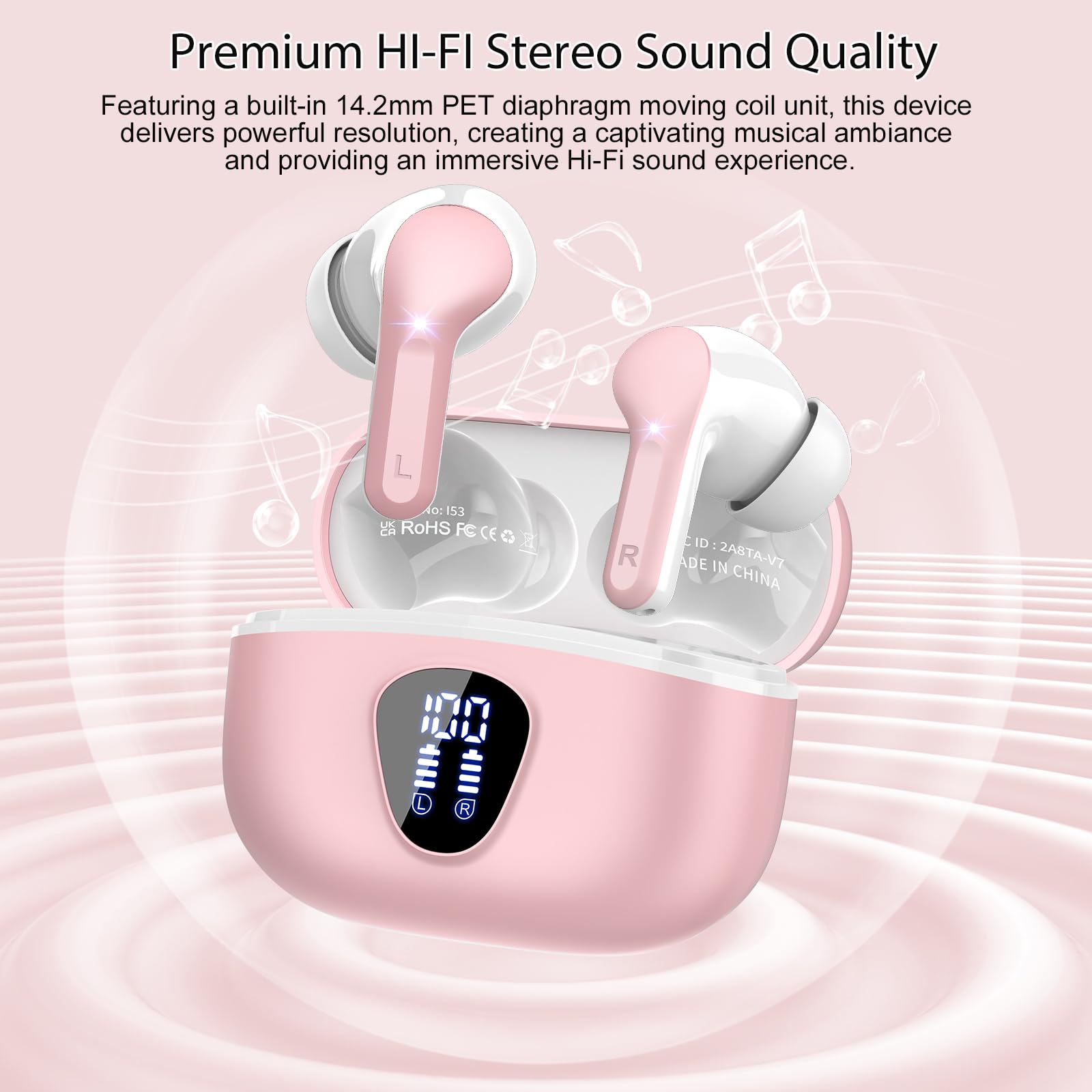 I53 Bluetooth 5.4 Wireless Earbuds with HiFi Stereo, ENC Mic & LED Display for Workout
