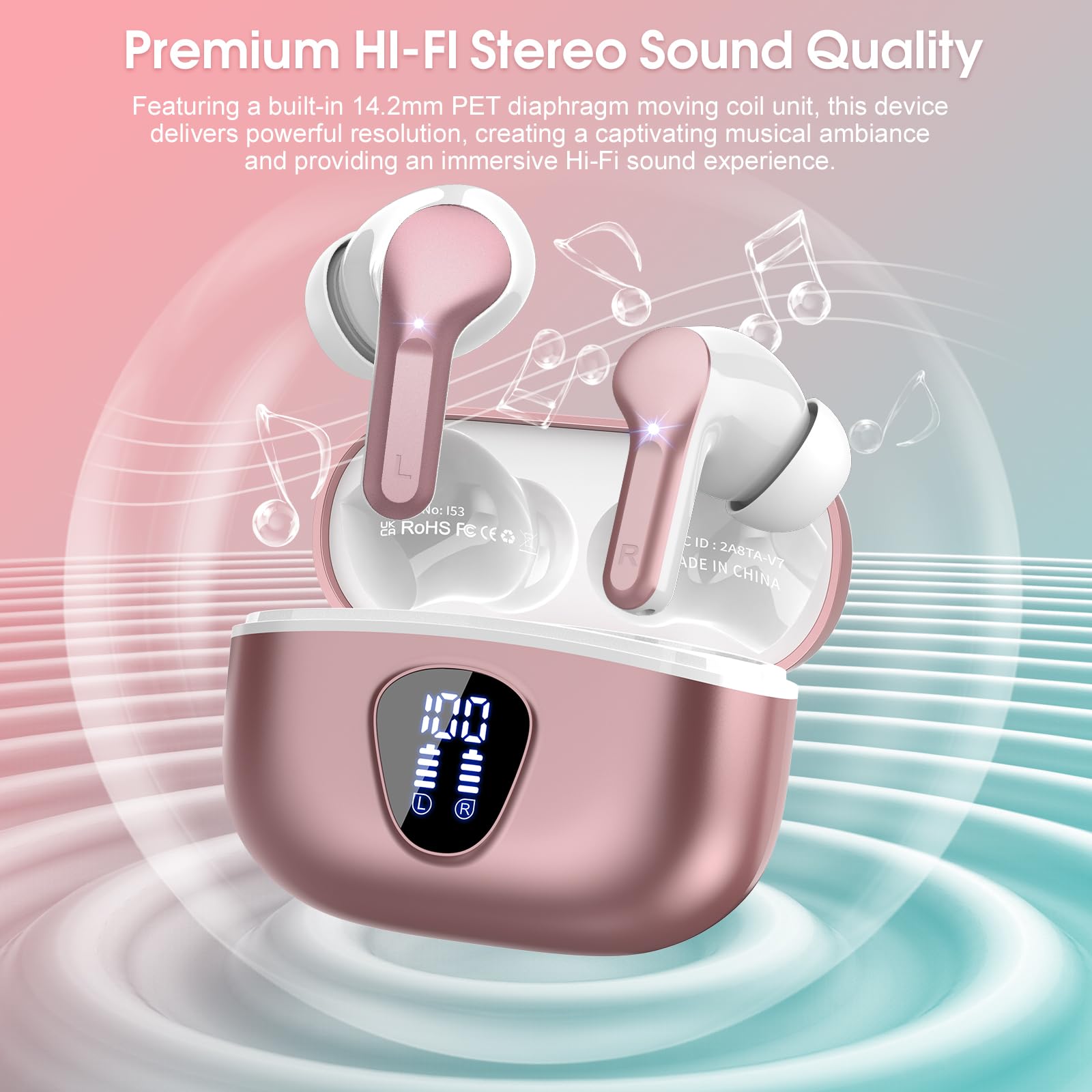 I53 Bluetooth 5.4 Wireless Earbuds with HiFi Stereo, ENC Mic & LED Display for Workout