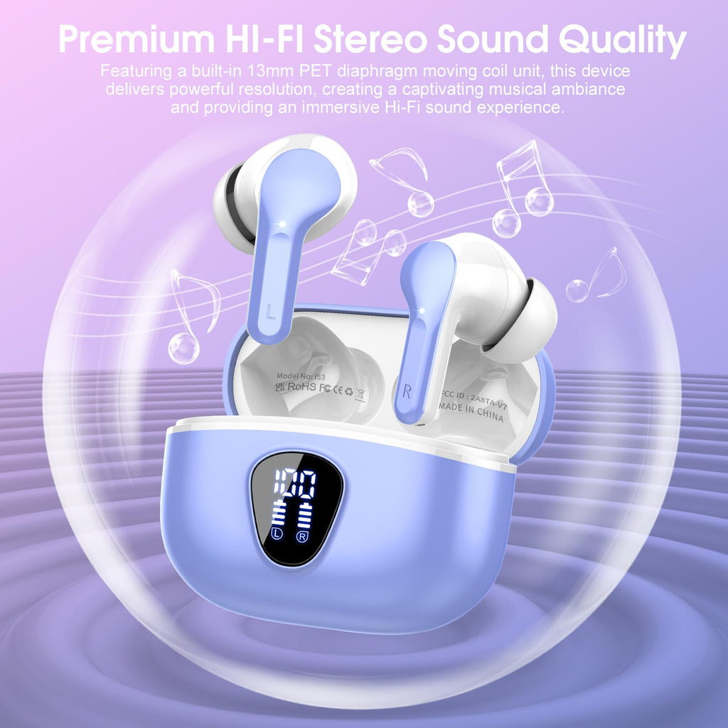 I53 Bluetooth 5.4 Wireless Earbuds with HiFi Stereo, ENC Mic & LED Display for Workout