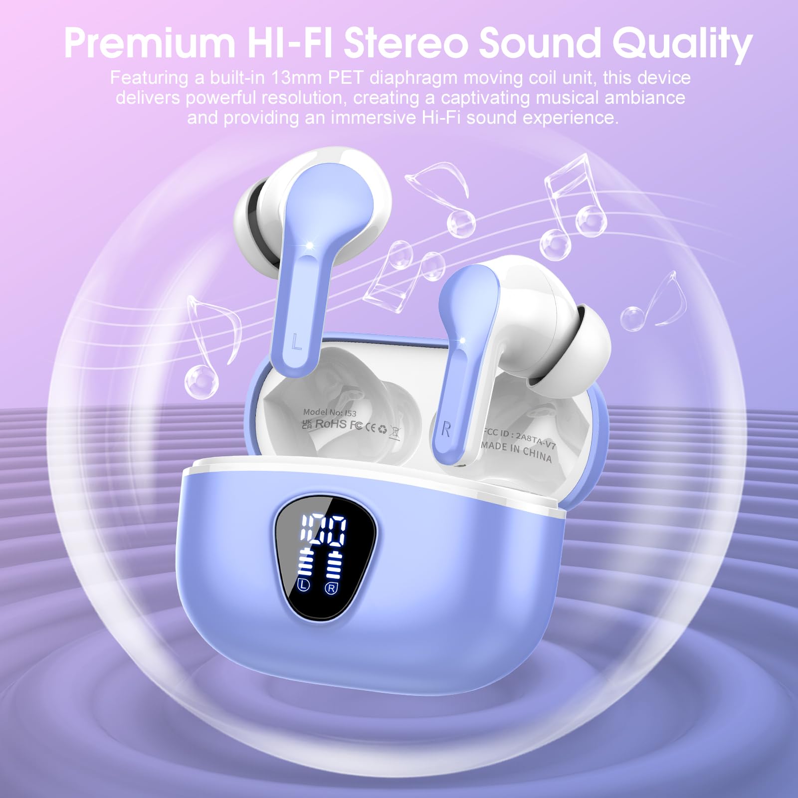 I53 Bluetooth 5.4 Wireless Earbuds with HiFi Stereo, ENC Mic & LED Display for Workout