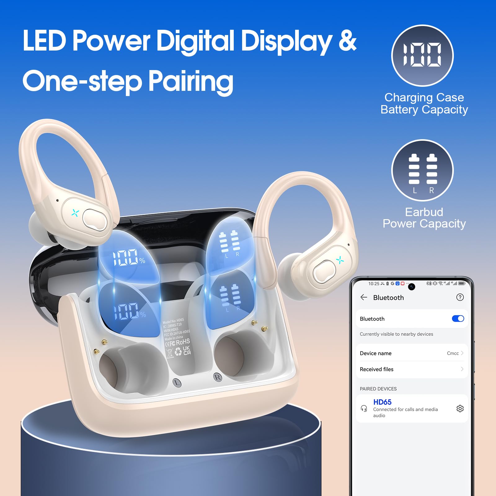 HD65 Bluetooth 5.4 Wireless Earbuds for Sports