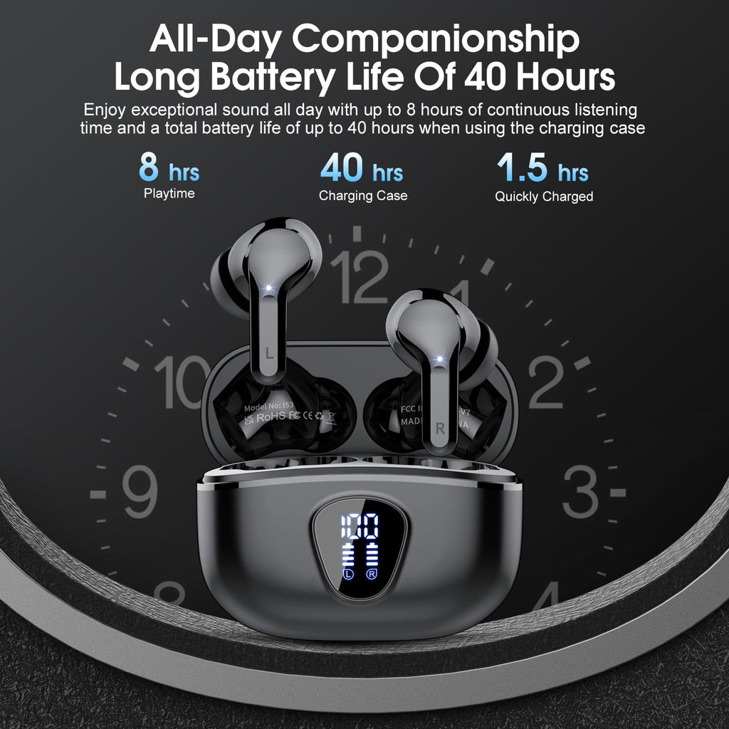 I53 Bluetooth 5.4 Wireless Earbuds with HiFi Stereo, ENC Mic & LED Display for Workout