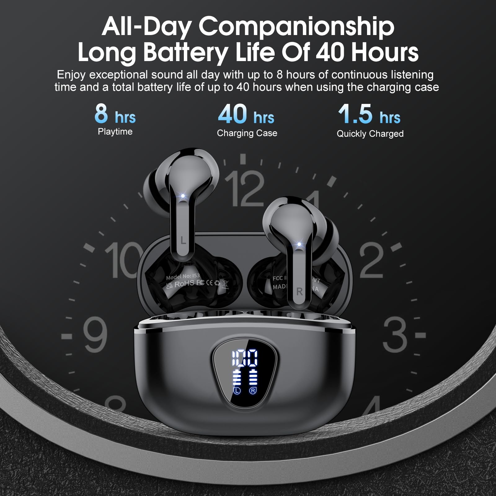 I53 Bluetooth 5.4 Wireless Earbuds with HiFi Stereo, ENC Mic & LED Display for Workout