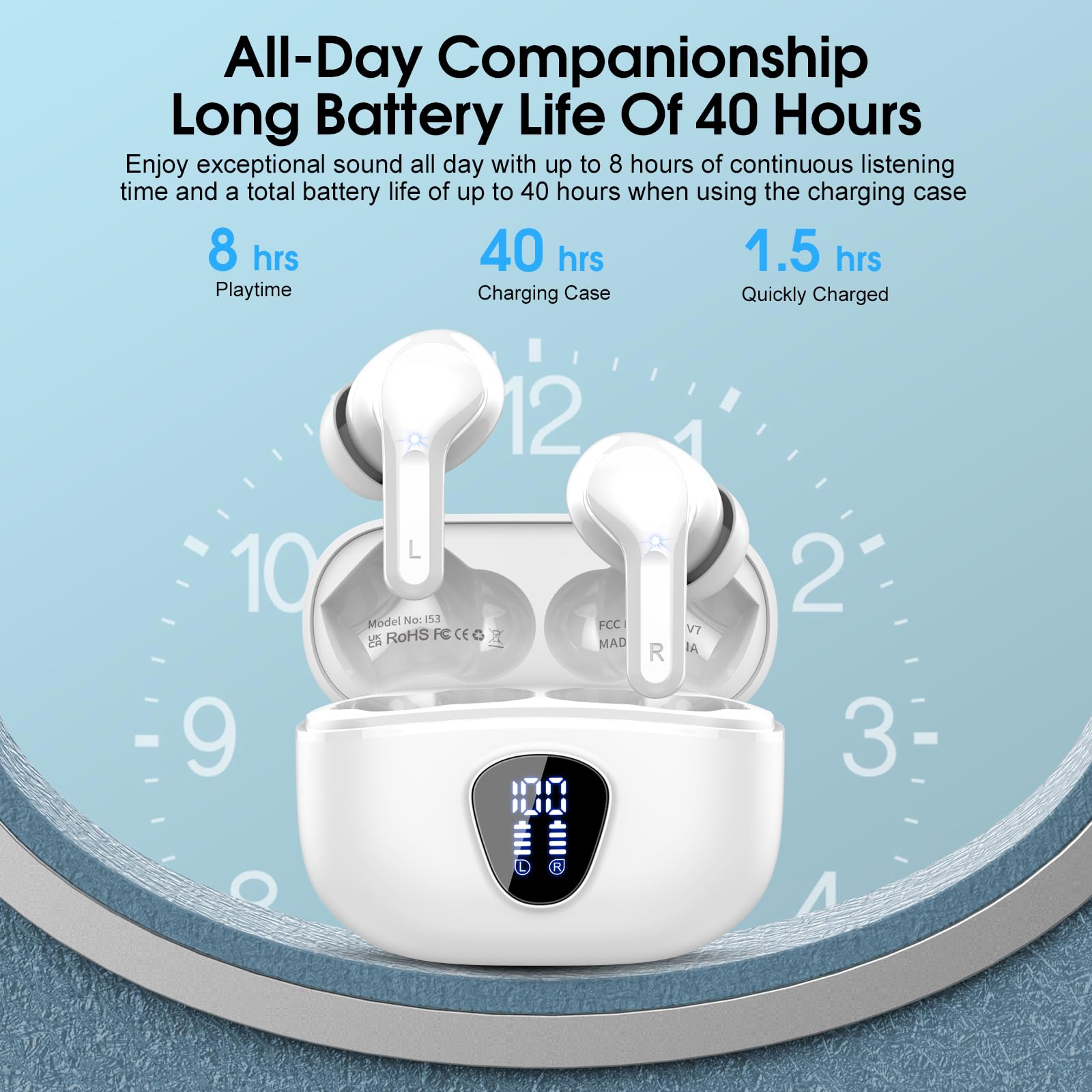 I53 Bluetooth 5.4 Wireless Earbuds with HiFi Stereo, ENC Mic & LED Display for Workout