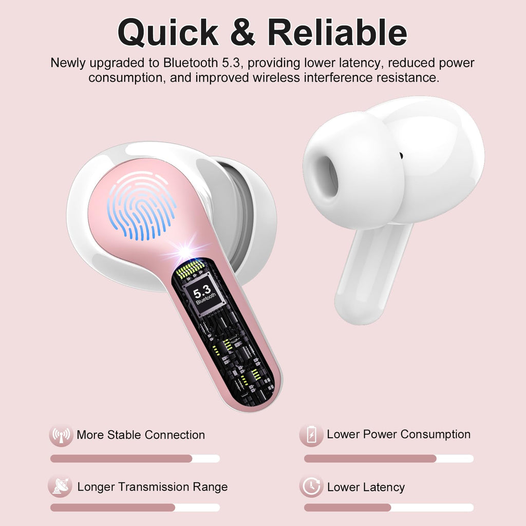 I53 Bluetooth 5.4 Wireless Earbuds with HiFi Stereo, ENC Mic & LED Display for Workout